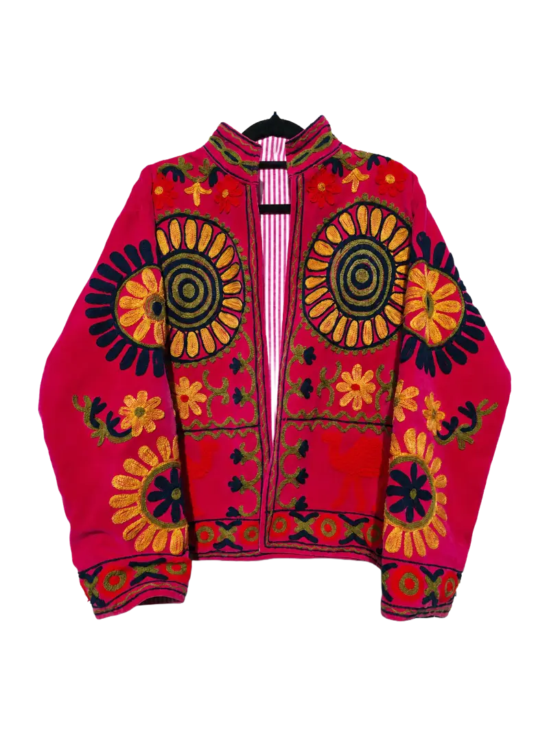 Red-pink velvet jacket with floral and camel embroidery