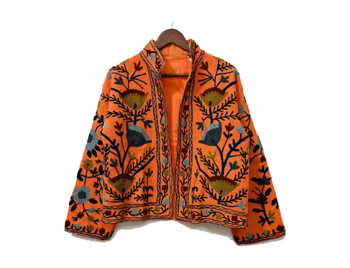 Aatish Gul orange jute jacket with floral embroidery