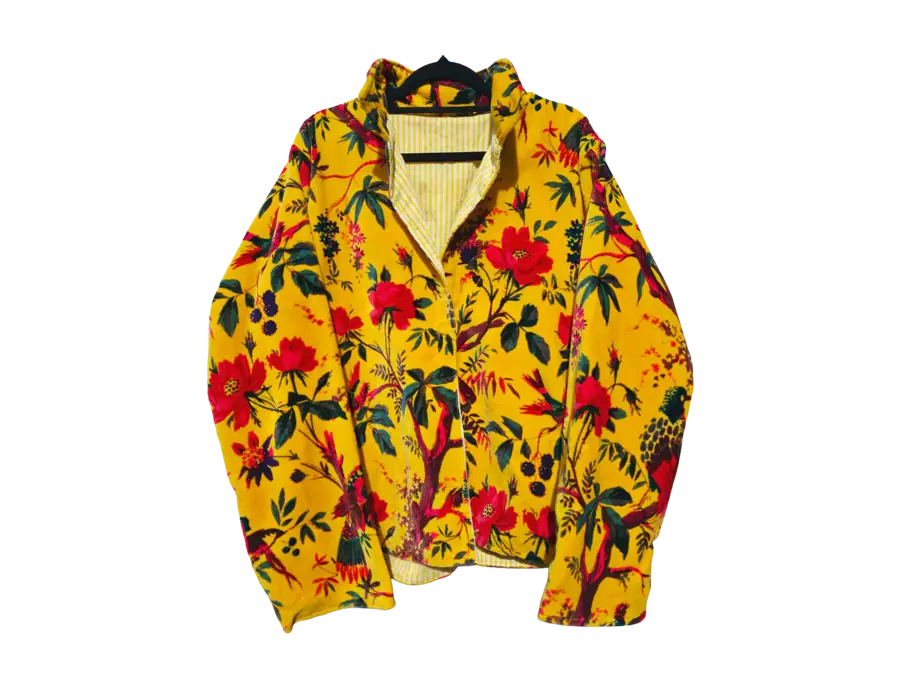 Peeli Bahaar yellow printed velvet floral jacket